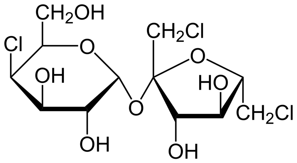 Sucralose (E 955) ist ein Süßstoff, der etwa 600-mal süßer schmeckt als Kristallzucker.